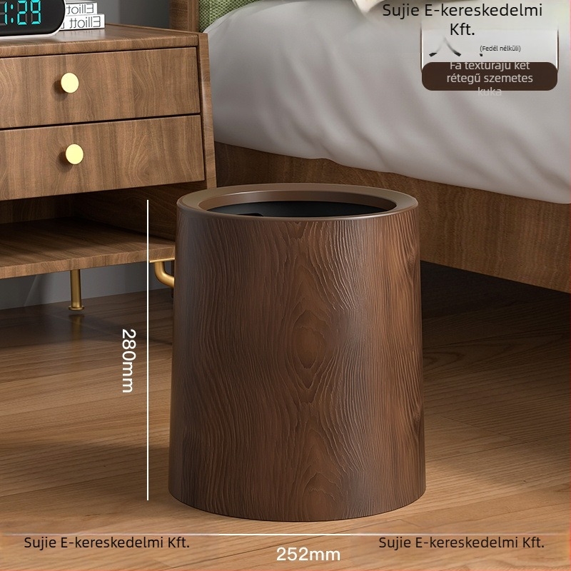 Középkori stílusú, fa textúra utánzatú kuka, kör alakú, pedálos fedéllel, 12 liter feletti kapacitás, otthoni, irodai és kereskedelmi használatra