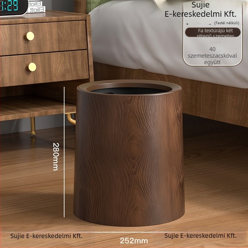 Középkori stílusú, fa textúra utánzatú kuka, kör alakú, pedálos fedéllel, 12 liter feletti kapacitás, otthoni, irodai és kereskedelmi használatra