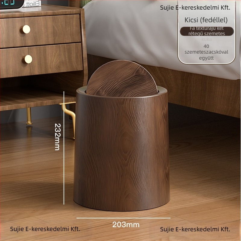 Középkori stílusú, fa textúra utánzatú kuka, kör alakú, pedálos fedéllel, 12 liter feletti kapacitás, otthoni, irodai és kereskedelmi használatra