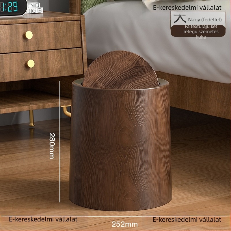 Középkori stílusú, fa textúra utánzatú kuka, kör alakú, pedálos fedéllel, 12 liter feletti kapacitás, otthoni, irodai és kereskedelmi használatra