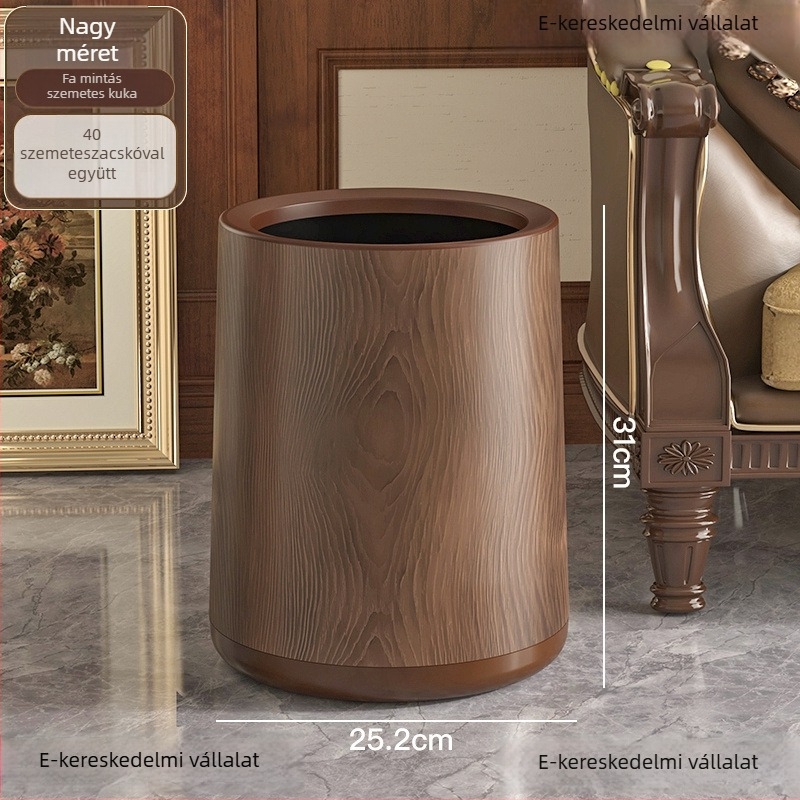 Középkori stílusú, fa textúra utánzatú kuka, kör alakú, pedálos fedéllel, 12 liter feletti kapacitás, otthoni, irodai és kereskedelmi használatra