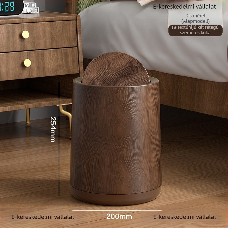 Középkori stílusú, fa textúra utánzatú kuka, kör alakú, pedálos fedéllel, 12 liter feletti kapacitás, otthoni, irodai és kereskedelmi használatra