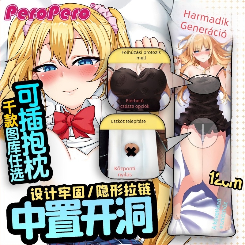 Élethű humanoid párna anime ihletésű mintával, testreszabás elérhető, rajzfilm/animációs minta, modern minimalista stílus, hálószoba számára