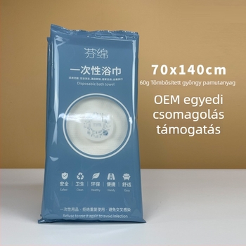 Egyszer használatos utazó fürdőlepedő kapokmaggal, 80% poliészter + 20% poliamid, 20% gyapot, jacquard szövés, nedvszívó 5-10 mp, bőrbarát