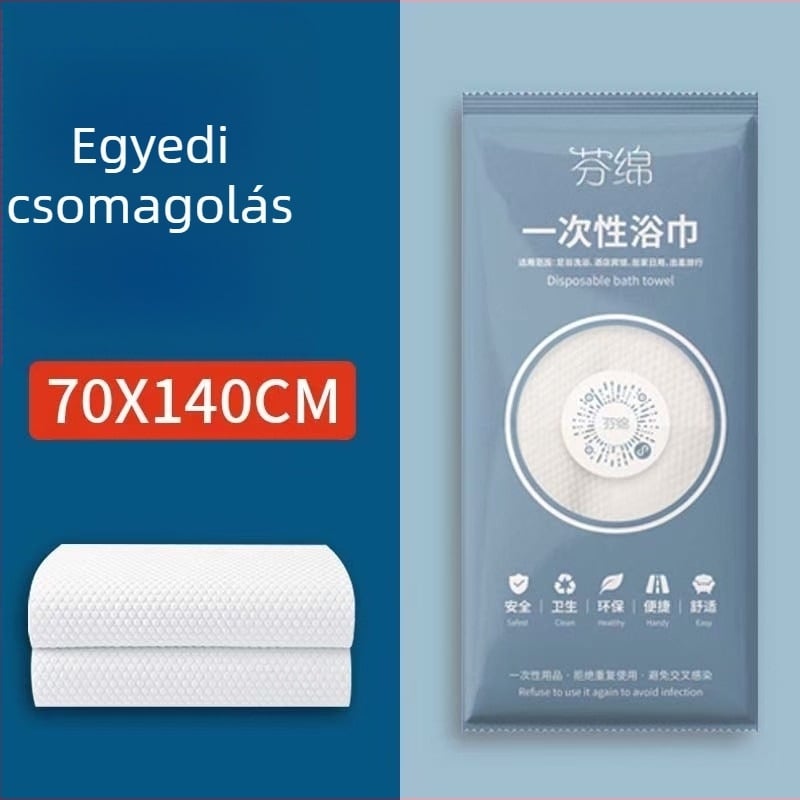 Egyszer használatos utazó fürdőlepedő kapokmaggal, 80% poliészter + 20% poliamid, 20% gyapot, jacquard szövés, nedvszívó 5-10 mp, bőrbarát