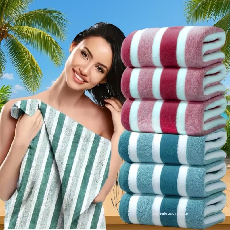 Korall fleece csíkosfürdő- és strandtörölköző, nedvszívó és gyorsan száradó, extralarge méret 90x180 cm