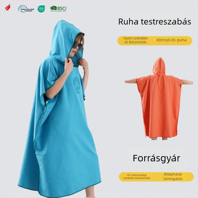 Felnőtt fleece dupla oldalú poncsó logóval, kapucnis Cape-stílusú fürdőköntös, nedvszívó strandköntös, 88% poliészter / 12% nylon, 200–300 g