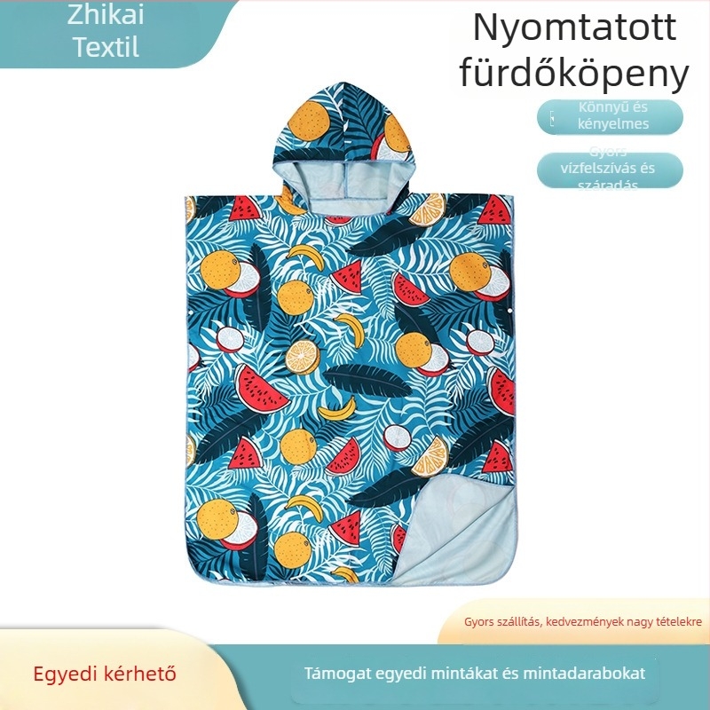 Nyomtatott tengerparti köntös szülő-gyermekeknek, kapucnis köpeny, kétszínű velúr, acetát rost, nyár