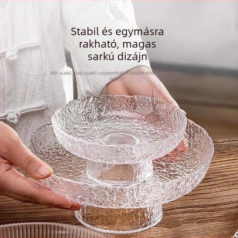Magas lábú üveg gyümölcstál vékony peremmel, nappali dekorációhoz, modern minimalistikus kávéasztali dekoráció