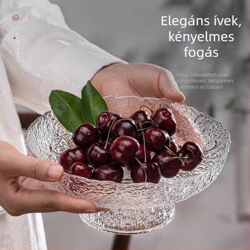 Magas lábú üveg gyümölcstál vékony peremmel, nappali dekorációhoz, modern minimalistikus kávéasztali dekoráció