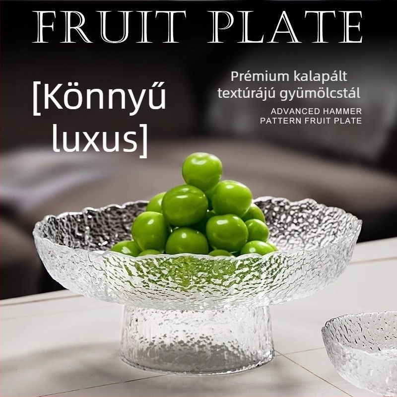 Magas lábú üveg gyümölcstál vékony peremmel, nappali dekorációhoz, modern minimalistikus kávéasztali dekoráció
