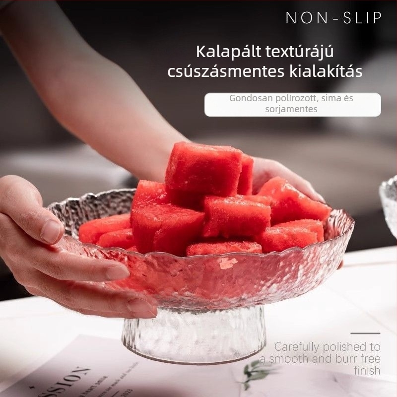 Magas lábú üveg gyümölcstál vékony peremmel, nappali dekorációhoz, modern minimalistikus kávéasztali dekoráció