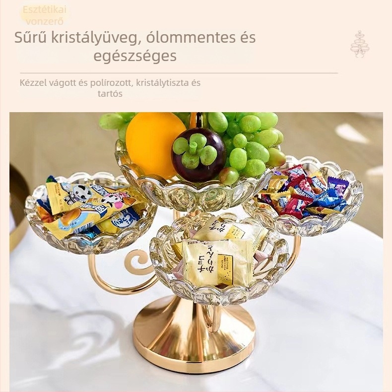 Üvegből készült gyümölcstál, többszintes, öt rekesz, skandináv modern stílus