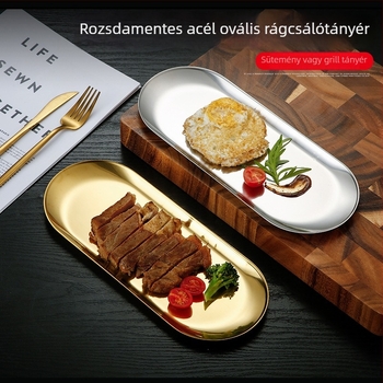 Rozsdamentes acélból készült tál, szabálytalan ovális forma, egyszínű minta, japán stílus, polírozott felület
