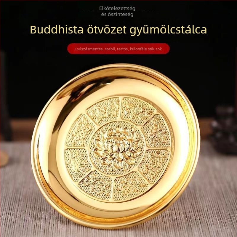 Buddhista háztartási adományozó tál lotus motívummal, ötvözet anyag, elektroplak bevonat, kínai stílus, márka True and Prosperous