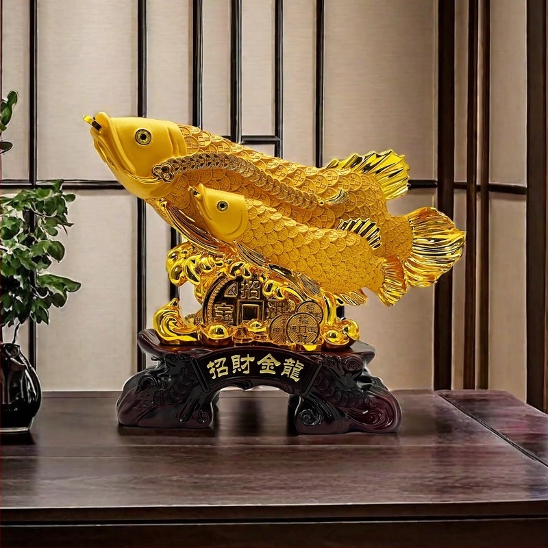 Homok-arany Arowana díszfigura gyantából, otthoni dekoráció, házavató ajándék