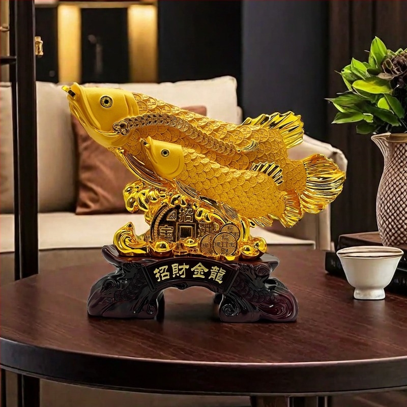 Homok-arany Arowana díszfigura gyantából, otthoni dekoráció, házavató ajándék