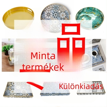Mintadarab műanyag dekoratív tálca kávéasztalhoz, négyzetes és kerek alakú, tárolásra és díszítésre, decoupage papírral és aranyozással, tálaló tálca