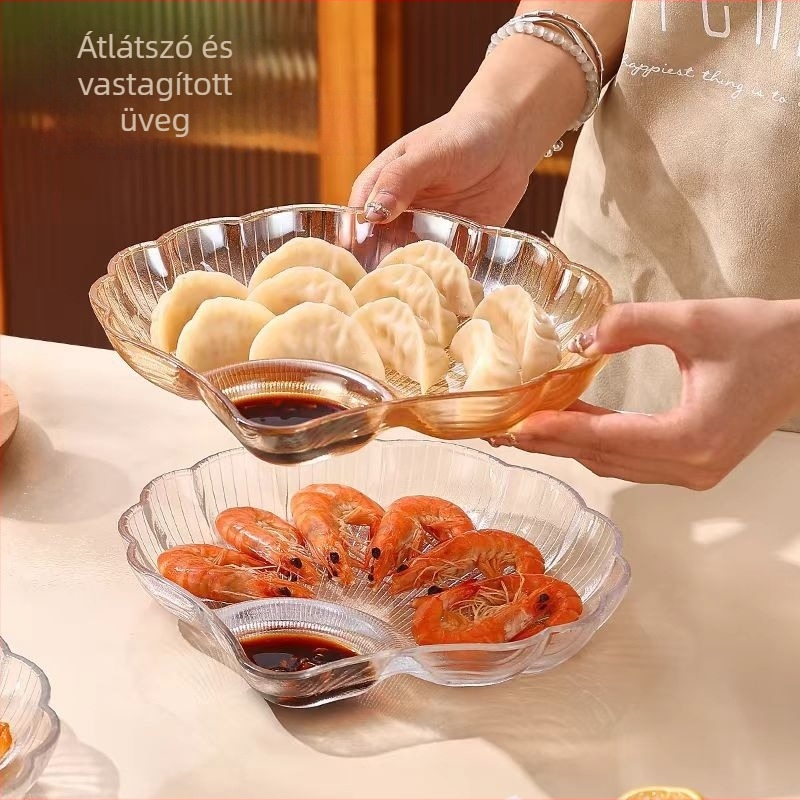 Átlátszó üveg dim sum tál ecetes tálkával, kagyló-stílus, ventilátor alakú, testreszabás elérhető