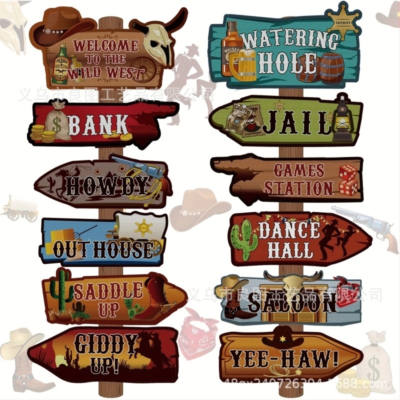12 db Western cowboy dekoratív tábla, retro kocsma-stílusú útjelzők, country hangulatú üdvözlő táblák bárpartikhoz
