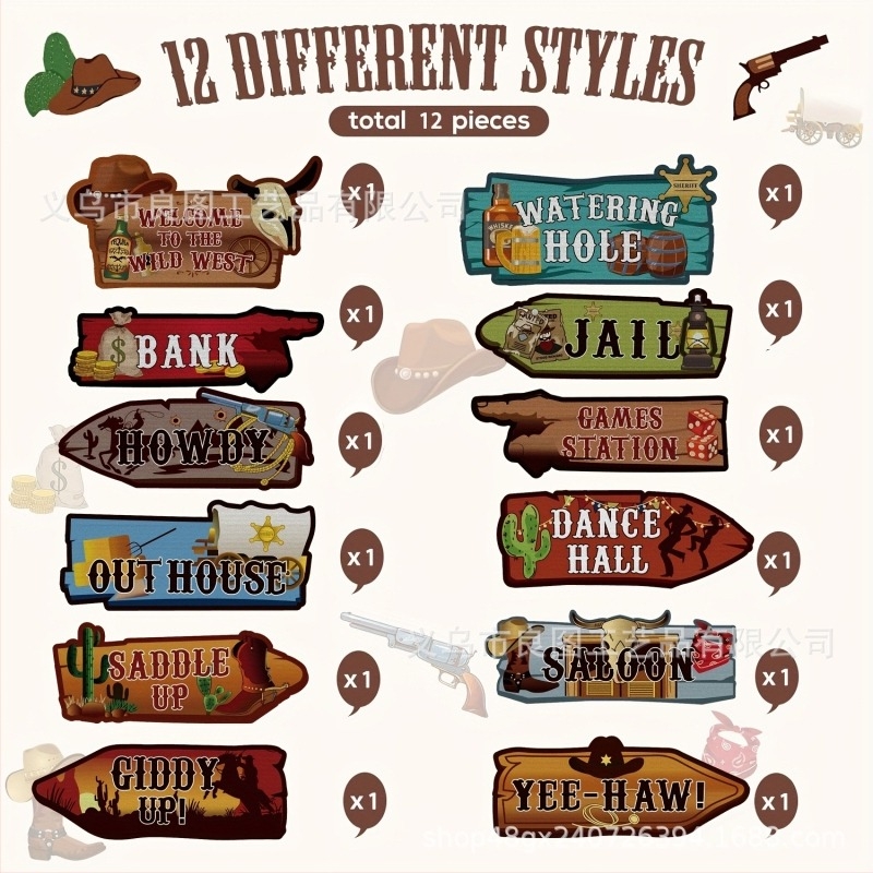 12 db Western cowboy dekoratív tábla, retro kocsma-stílusú útjelzők, country hangulatú üdvözlő táblák bárpartikhoz