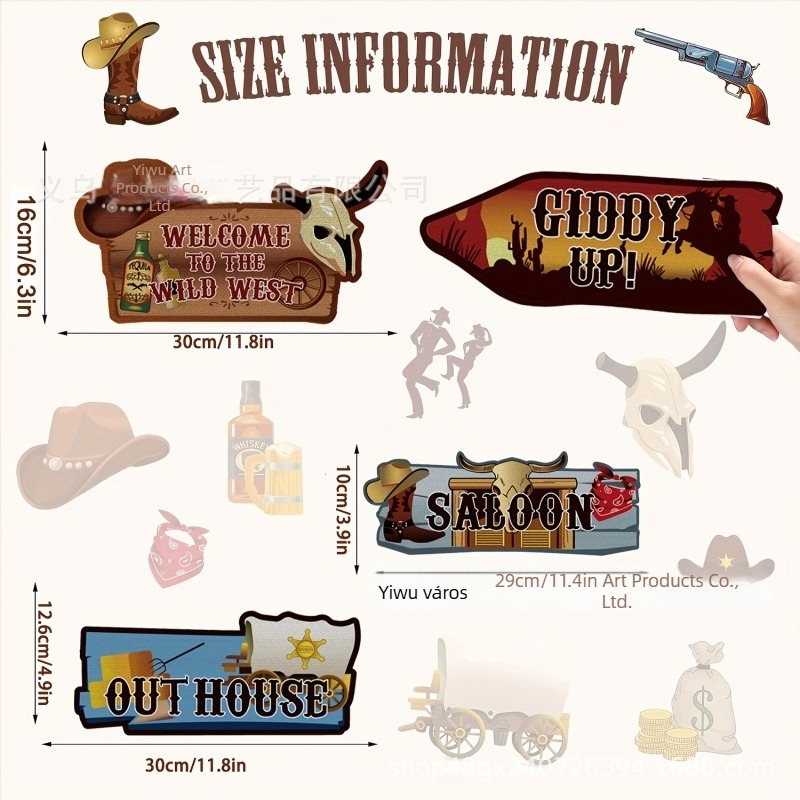 12 db Western cowboy dekoratív tábla, retro kocsma-stílusú útjelzők, country hangulatú üdvözlő táblák bárpartikhoz