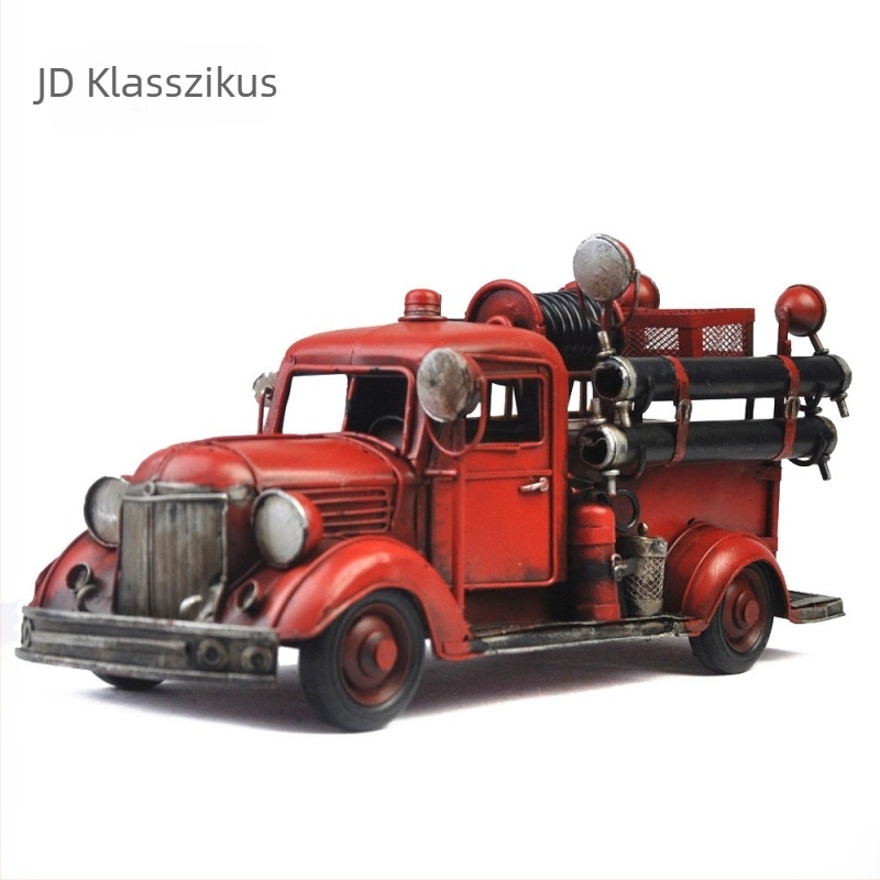 Retro vasból készült autómodell — kézi vágású, hegesztett és kézi festés; Anyag: vas; Kategória: autómodell; Stílus: tűzoltóautó