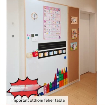 Emailezett tábla fa kerettel és parafával gyerekek írására és graffitivel, osztályterem falidekoráció