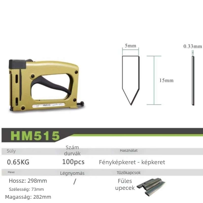 Kézi szegezőpisztoly fotókeret hátlapjához — fém felépítés, bélyegzés, HM515 modell, Mite márka (Modell HM515; Anyag: Fém; Művelet: Bélyegzés; Típus: Kézi szegezőpisztoly)