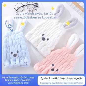 Gyermekek hajszárító sapka – aranyos nyuszifülek, gyors száradás, vízfelvevő, hímzett, 150D korall fleece, 50–79 g