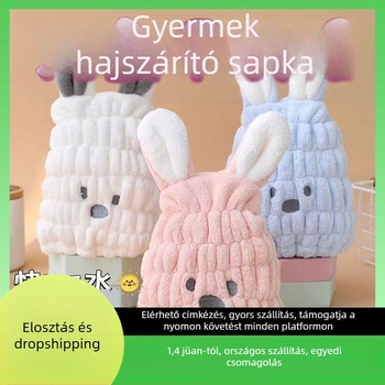Gyermekek hajszárító sapka – aranyos nyuszifülek, gyors száradás, vízfelvevő, hímzett, 150D korall fleece, 50–79 g