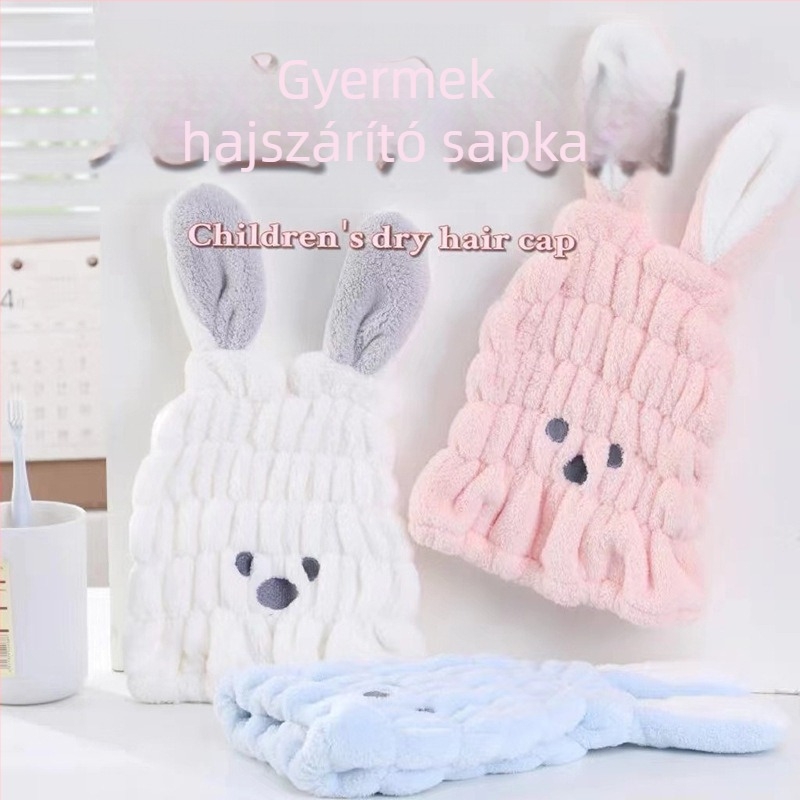 Gyermekek hajszárító sapka – aranyos nyuszifülek, gyors száradás, vízfelvevő, hímzett, 150D korall fleece, 50–79 g