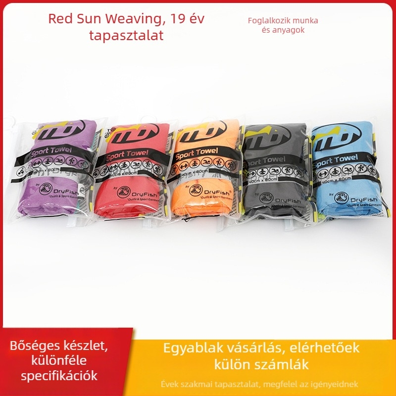 Mikroszálas sport törölköző, 140 g, gyorsan szárad, nedvszívás 11–15 s, összetétel: 90% poliészter, 10% nylon, szövés: egyszerű szövés