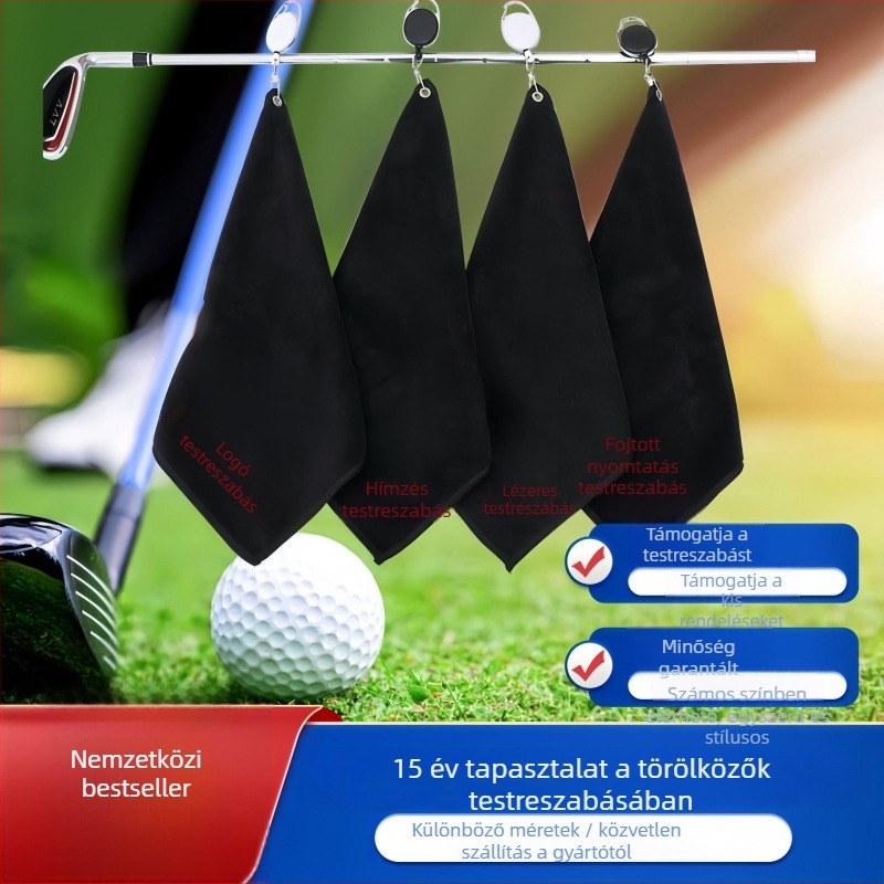 Golf törölköző hímzett logóval, testreszabható, ultrafinom rost, 70 g, sima szövés, töröl golff klubokat és kezeket