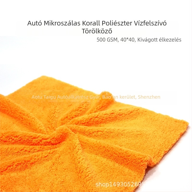 Korall flockos autóápoló törölköző – vízgyűjtés, viaszfelhordás, belső befejezés, 500 GSM mikroszálas
