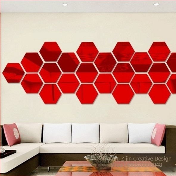 Akril hexagon mozaik tükör falmatrica – geometriai mintázat, dekoratív falpanel nappaliba, hálószobába és étterembe, nordic stílus