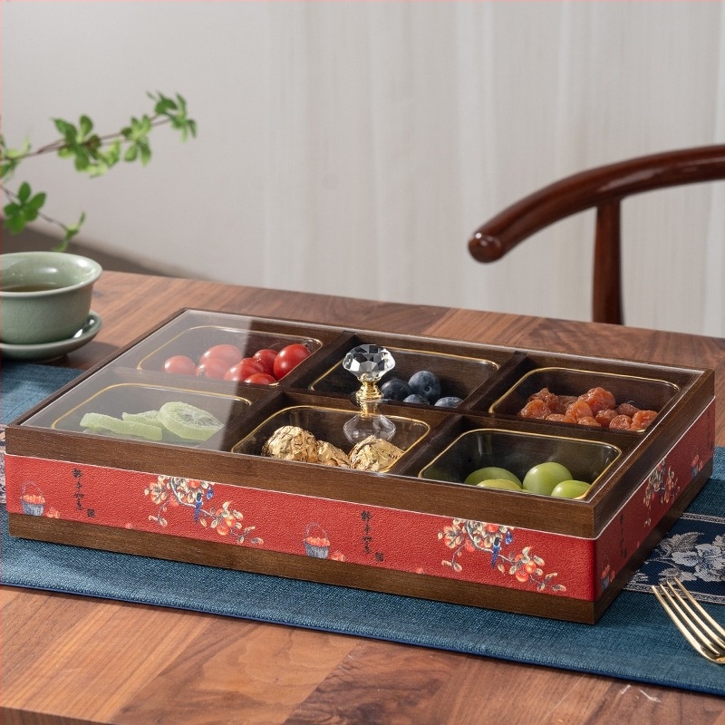 Elválasztott tömör bambuszból készült gyümölcstál kristályüveg és akril betétekkel, új kínai stílusú tál, Holy Baohe