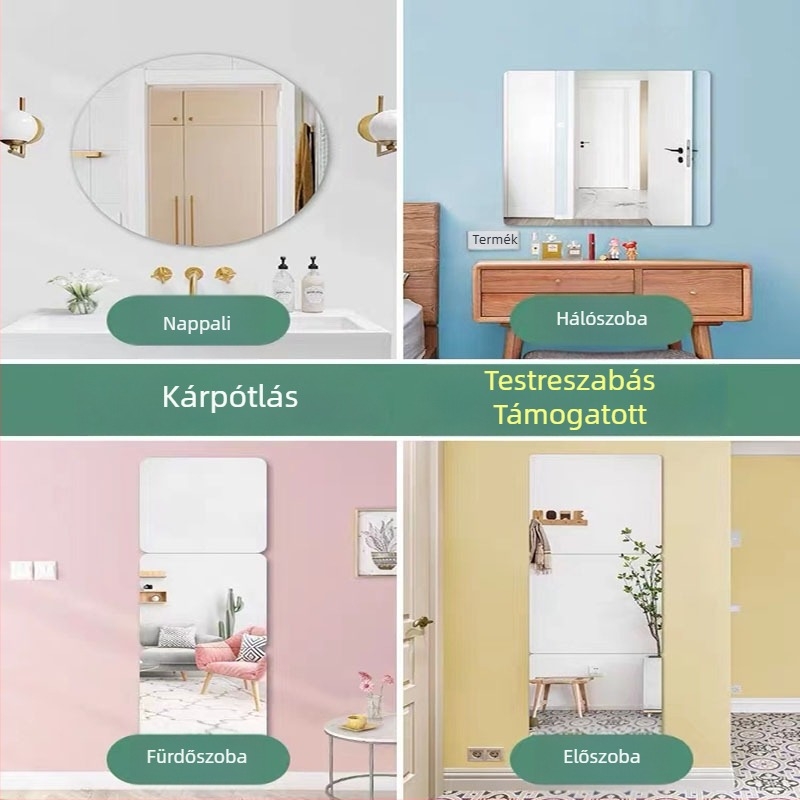 Ováli önragasztó falitükör, akrilból, teljes testet mutató, vízálló, fürdőszobába és hálószobába