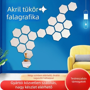 Hatszögletű akril tükrös falidísz – öntapadós DIY készlet nappalira, hálószobára és előszobára – kombinált típusú 3D falidekor