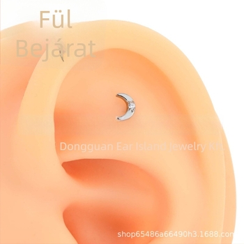 Fülbevalók titán ötvözetből – kis hold alakú piercing ékszer, cirkónium kristályok, uniszex, vintage stílus, tisztaság F136