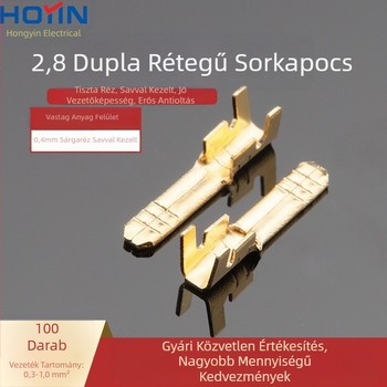100 darab 2,8 mm-es kétszintű betét, 0,8 mm vastag kétszintű terminálblokkok, 110 darab férfi betét, anyaga sárgaréz