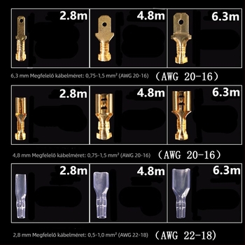 480 db aranyozott crimp terminál, férfi és női, penge típusú, 2.8/4.8/6.3 mm, dobozban