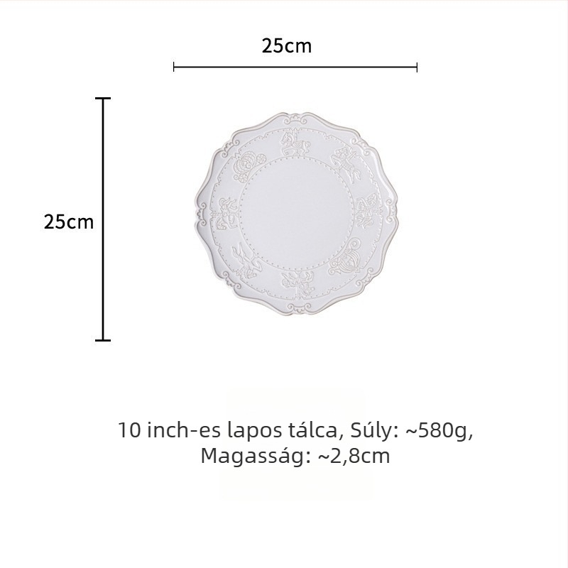 Porcelános tányér kemencés mázzal, csíkos mintázat, csipkézett forma, könnyed luxus retro stílus