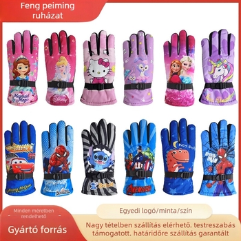 Téli gyerek síkesztyűk, szélálló béléses, vastag meleg, rajzfilmszerű mintával, uniszex, 6–10 éveseknek