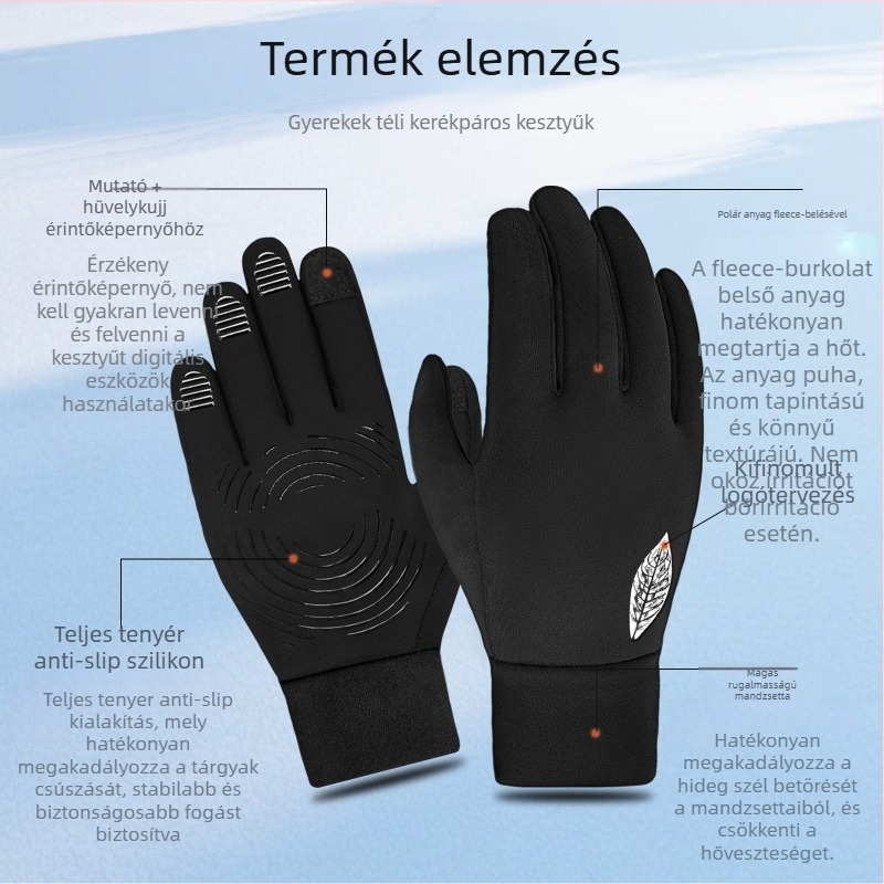 Gyerekek téli fleece sí kesztyűk, vízállóak, érintőképernyő-kompatibilisek, csúszásmentesek, 5-15 éveseknek