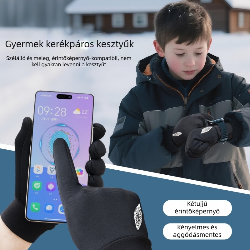 Gyerekek téli fleece sí kesztyűk, vízállóak, érintőképernyő-kompatibilisek, csúszásmentesek, 5-15 éveseknek