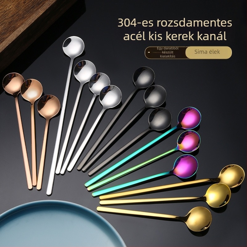 304 rozsdamentes acél desszertkanál, kis kerek forma, aranyozott bevonat, kávé keveréséhez és mézhez, gyermekek étkészletéhez