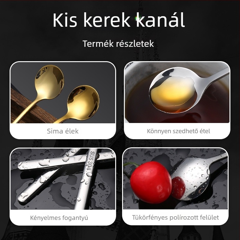 304 rozsdamentes acél desszertkanál, kis kerek forma, aranyozott bevonat, kávé keveréséhez és mézhez, gyermekek étkészletéhez