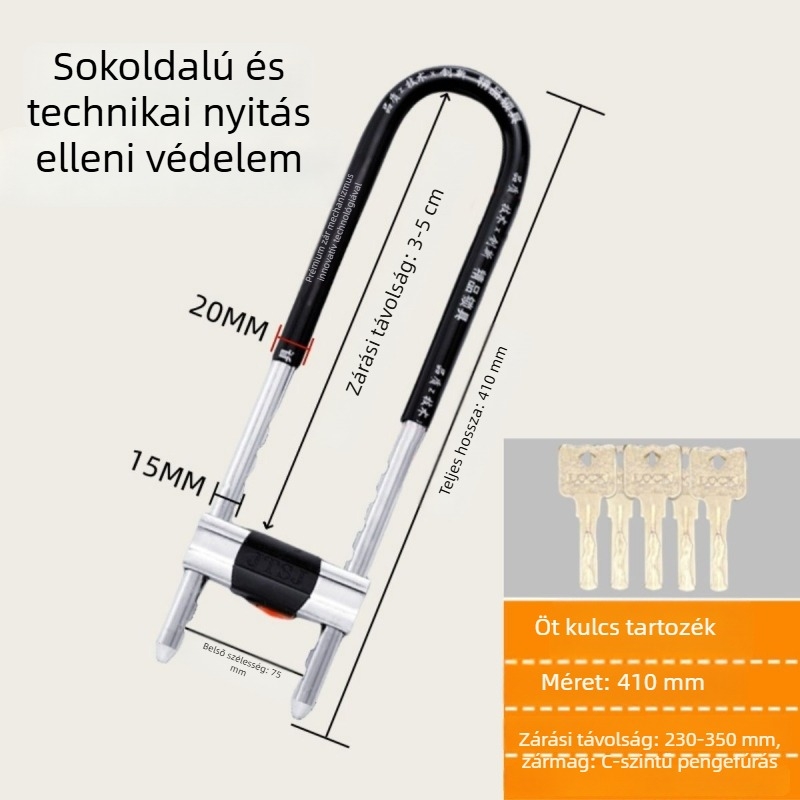 Vasból készült U-formájú üvegajtó zár vitrinekhez, kettős ajtókhoz, mortise típusú zár, anti-lopás, meghosszabbított U-forma
