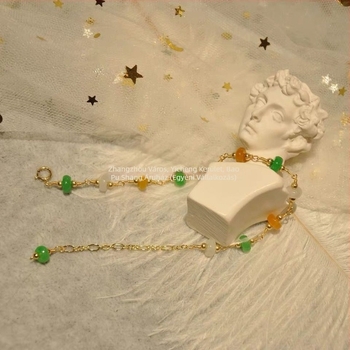 Zöld jade karkötő gyöngyökkel és biztonsági kapoccsal, 14K aranyozott, retro stílus